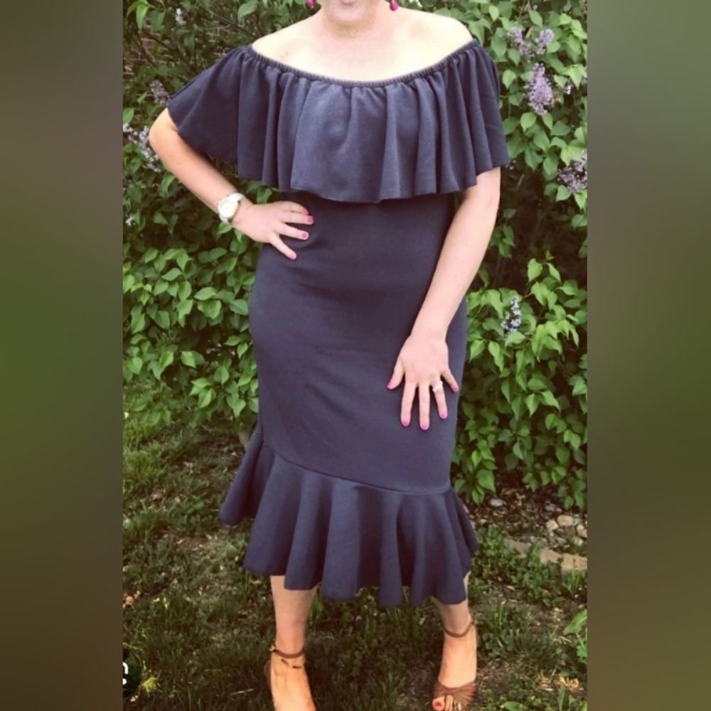 LuLaRoe Gray Off-Shoulder Midi Sundress Flutter Sleeves